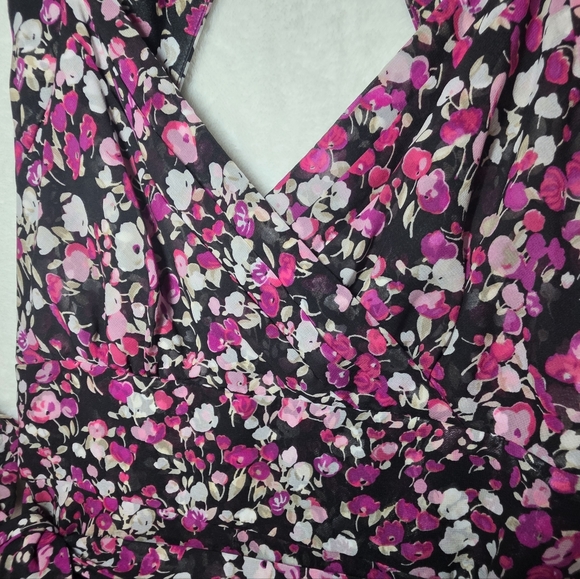 WHBM Floral Pink and Black Fit-and-Flare Ruffle Midi Dress Size 4 Cut-out Back. - Picture 8 of 13